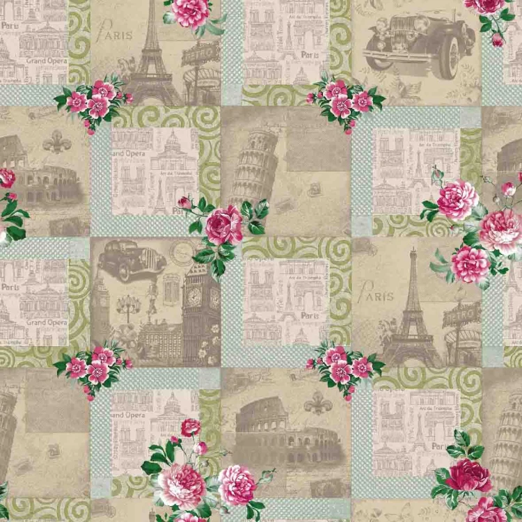 Cerata w rolce FLO-1695-01 róże na miejskim patchworku – zbliżenie wzoru