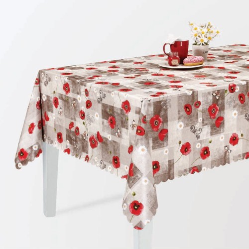 Cerata w rolce FLO-1492-01 czerwone maki, szary patchwork – aranżacja stołu