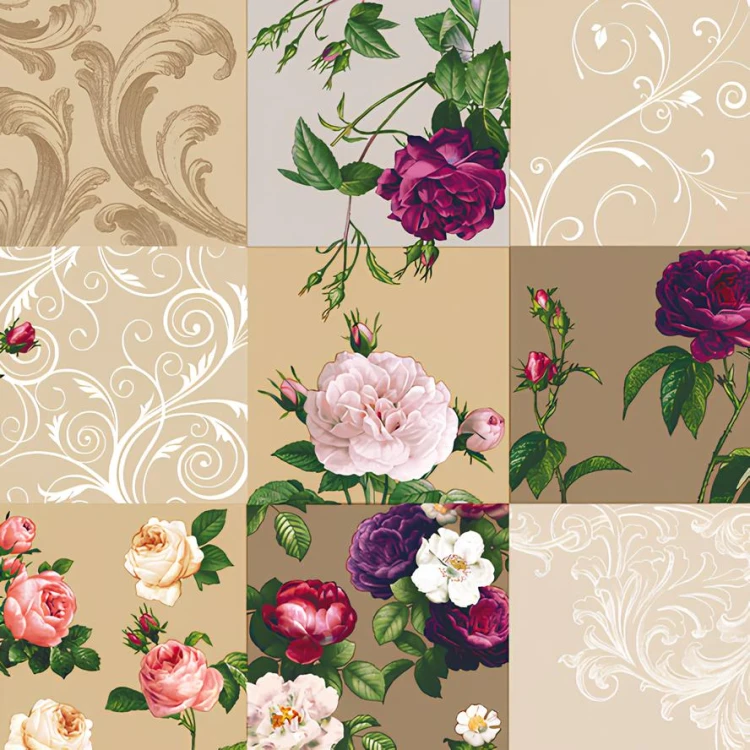 Cerata w rolce DEK-227A beżowy patchwork z różami – zbliżenie wzoru