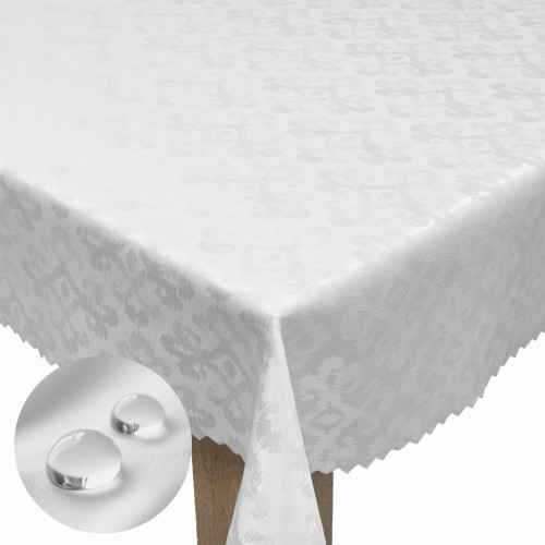 Biały obrus plamoodporny w ornamenty – krople wody na tkaninie