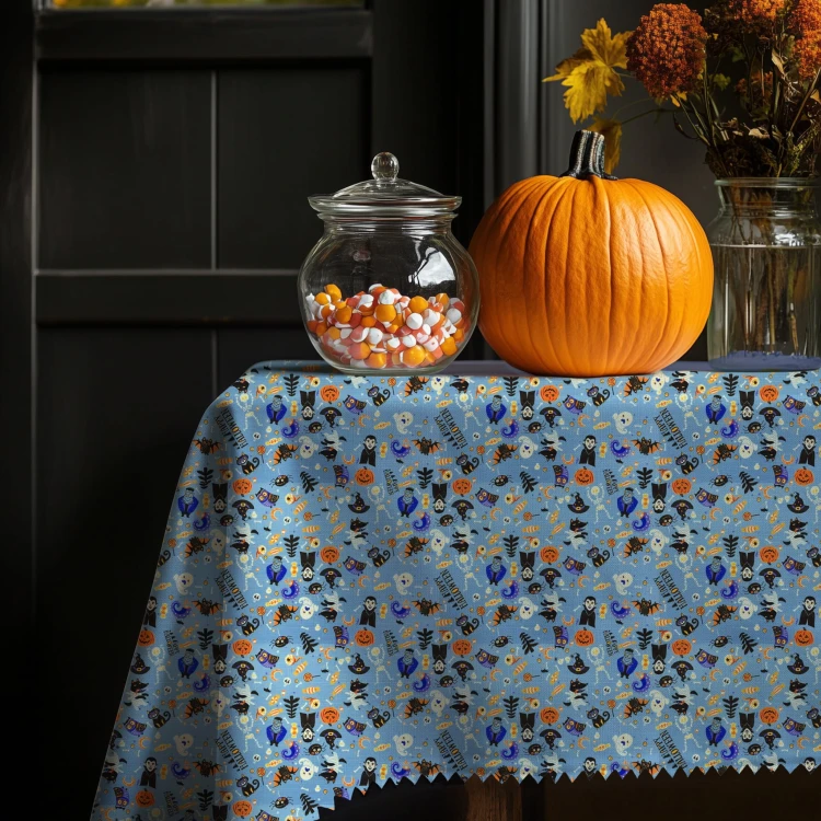 Obrus plamoodporny Halloween w duchy, wampiry, pająki, koty i cukierki – widok na stole