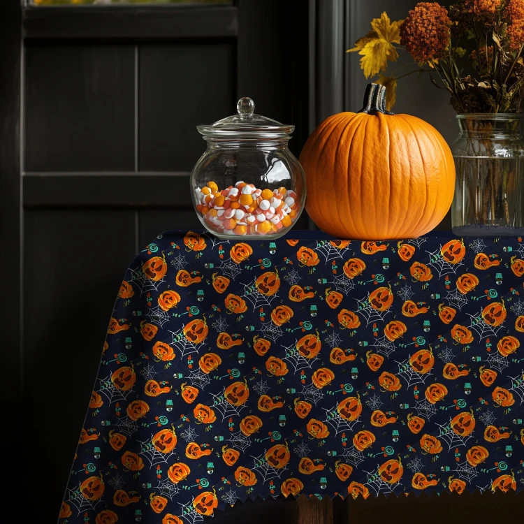 Obrus plamoodporny Halloween w dynie, pająki i cukierki – widok na stole