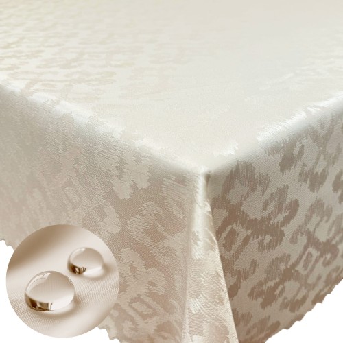 Beżowy obrus plamoodporny w ornamenty – krople wody na tkaninie