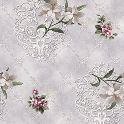 Cerata w rolce FLO-1766-03 białe lilie i ornamenty – zbliżenie wzoru