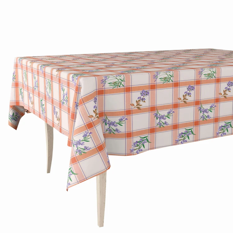 Cerata w rolce FLO-1647-02 fioletowe kwiaty, morelowa krata – aranżacja stołu