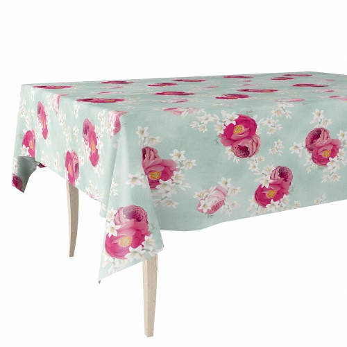 Obrus z ceraty – różowe peonie miętowe tło