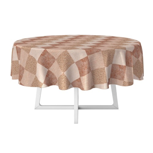 Obrus z ceraty KOŁO krata patchwork brąz beż – widok obrusu na stole