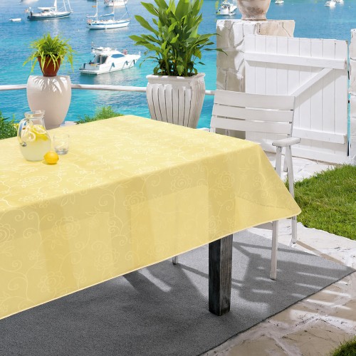 Żółty obrus ogrodowy CAPRI w kwiaty 110 × 160 cm z lamówką – widok całości