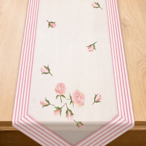 Bieżnik Salsa 40 × 140 cm róża, białe tło – widok w aranżacji na stole