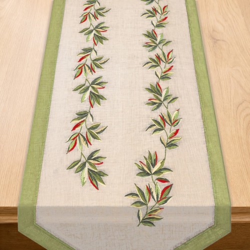 Bieżnik Salsa 40 × 140 cm zielone liście, białe tło – widok w aranżacji na stole