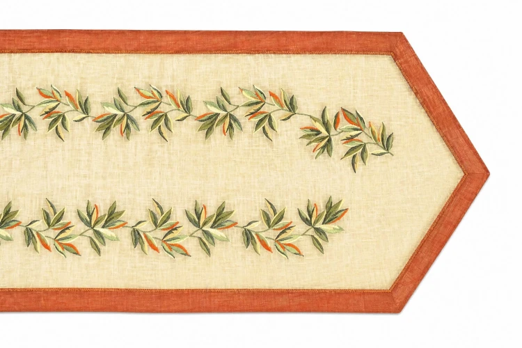 Bieżnik Salsa 40 × 140 cm pomarańczowo-zielone liście, białe tło – widok na białym tle