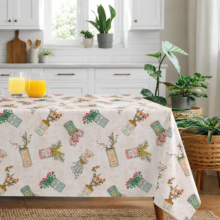 Obrus z ceraty HDE-6803B - wzór polne kwiaty w kolorowych puszkach - aranżacja