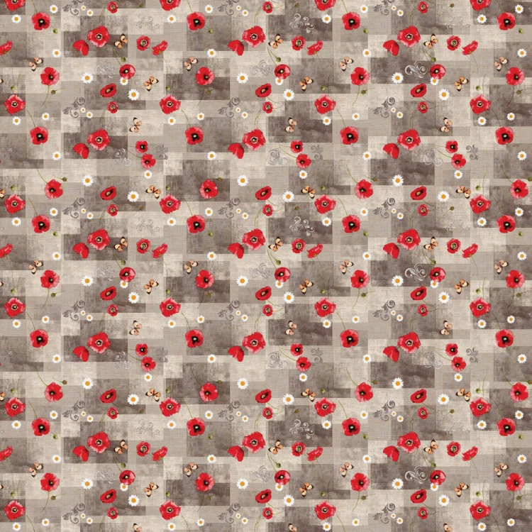 Cerata w rolce FLO-1492-01 czerwone maki, szary patchwork – widok całego wzoru