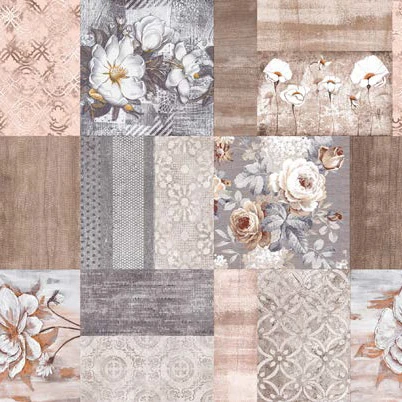 Cerata w rolce FLO-1600-01 szaro-beżowy patchwork z różami – zbliżenie wzoru